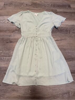 Everly Light Mint Green Flutter Sleeve V-Neck Button-Front Mini Tea Dress